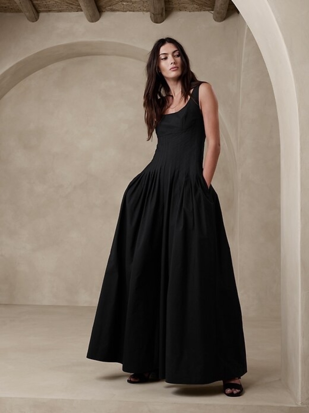 Banana Republic Ness Poplin Square Neck Pleated Jumpsuit Black Wide Leg
